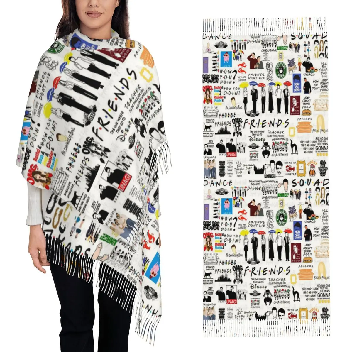 Винтажный шарф с изображением ТВ-шоу «Друзья», шарф с кисточками, женские мягкие теплые шали и накидки, длинная осенне-зимняя шаль
Винтажный шарф с изображением ТВ-шоу «Друзья», шарф с кисточками, женские мягкие теплые шали и накидки, длинная осенне-зимняя шаль
