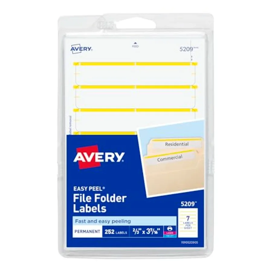 File Folder Labels on 4" x 6" Sheets, Easy Peel, White/Yellow, Print or Write, 2/3" x 3-7/16", 252 Labels 5209
File Folder Labels on 4" x 6" Sheets, Easy Peel, White/Yellow, Print or Write, 2/3" x 3-7/16", 252 Labels 5209