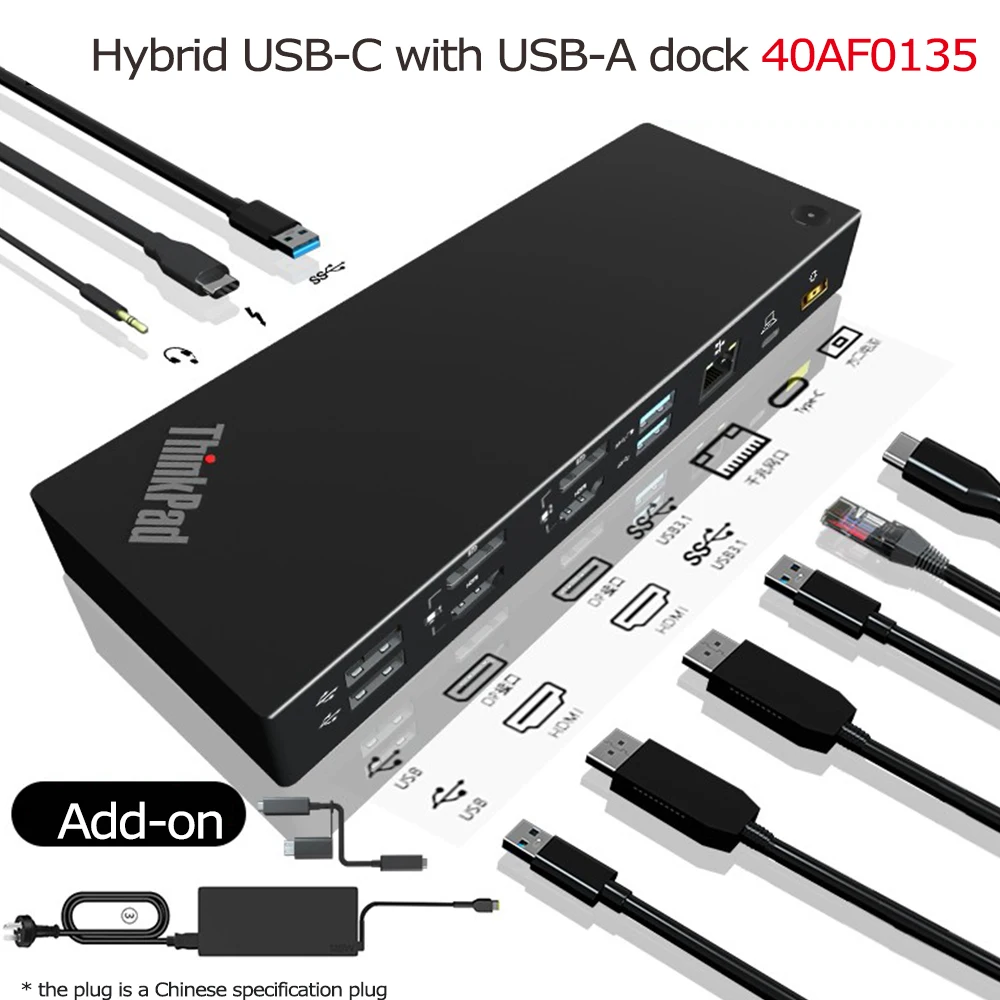 Оригинальная гибридная док-станция USB-C с USB-A, универсальная док-станция для кабеля 40AF0135, UHD 4K DP, скорость HDMI 10 Гбит/с для ноутбука Lenovo
Оригинальная гибридная док-станция USB-C с USB-A, универсальная док-станция для кабеля 40AF0135, UHD 4K DP, скорость HDMI 10 Гбит/с для ноутбука Lenovo