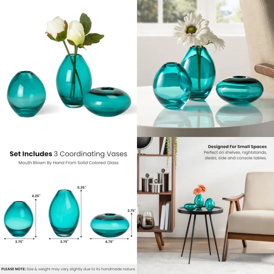 Blown Glass Teal Bud Vases Set of 3 - Hand Blown Turquise Vase Set and Clear Small Teal Vase for Flowers, Glass Decor for Weddi
Blown Glass Teal Bud Vases Set of 3 - Hand Blown Turquise Vase Set and Clear Small Teal Vase for Flowers, Glass Decor for Weddi