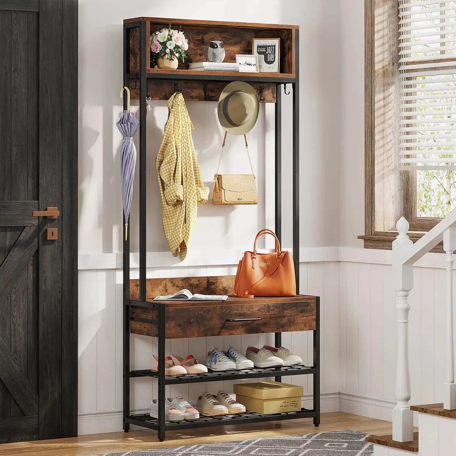 3 in 1 Entryway Hall Tree with Drawer Vintage Industrial Coat Rack with Shoe Bench and Hutch Mudroom Bench with Shoe Storage
3 in 1 Entryway Hall Tree with Drawer Vintage Industrial Coat Rack with Shoe Bench and Hutch Mudroom Bench with Shoe Storage