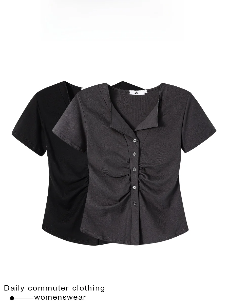 Coshehkg American Retro Hot Girl Turn-down Collar Short Sleeve Shirt Women Summer Pleated Waist-cinching Slimming Design Top
Coshehkg American Retro Hot Girl Turn-down Collar Short Sleeve Shirt Women Summer Pleated Waist-cinching Slimming Design Top