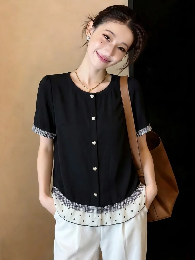 Slimming Plaid Shirt with Wood Grain Lace Shoulder Bows Short Sleeve Women's Korean Style Commute Fashion plus Size Top
Slimming Plaid Shirt with Wood Grain Lace Shoulder Bows Short Sleeve Women's Korean Style Commute Fashion plus Size Top