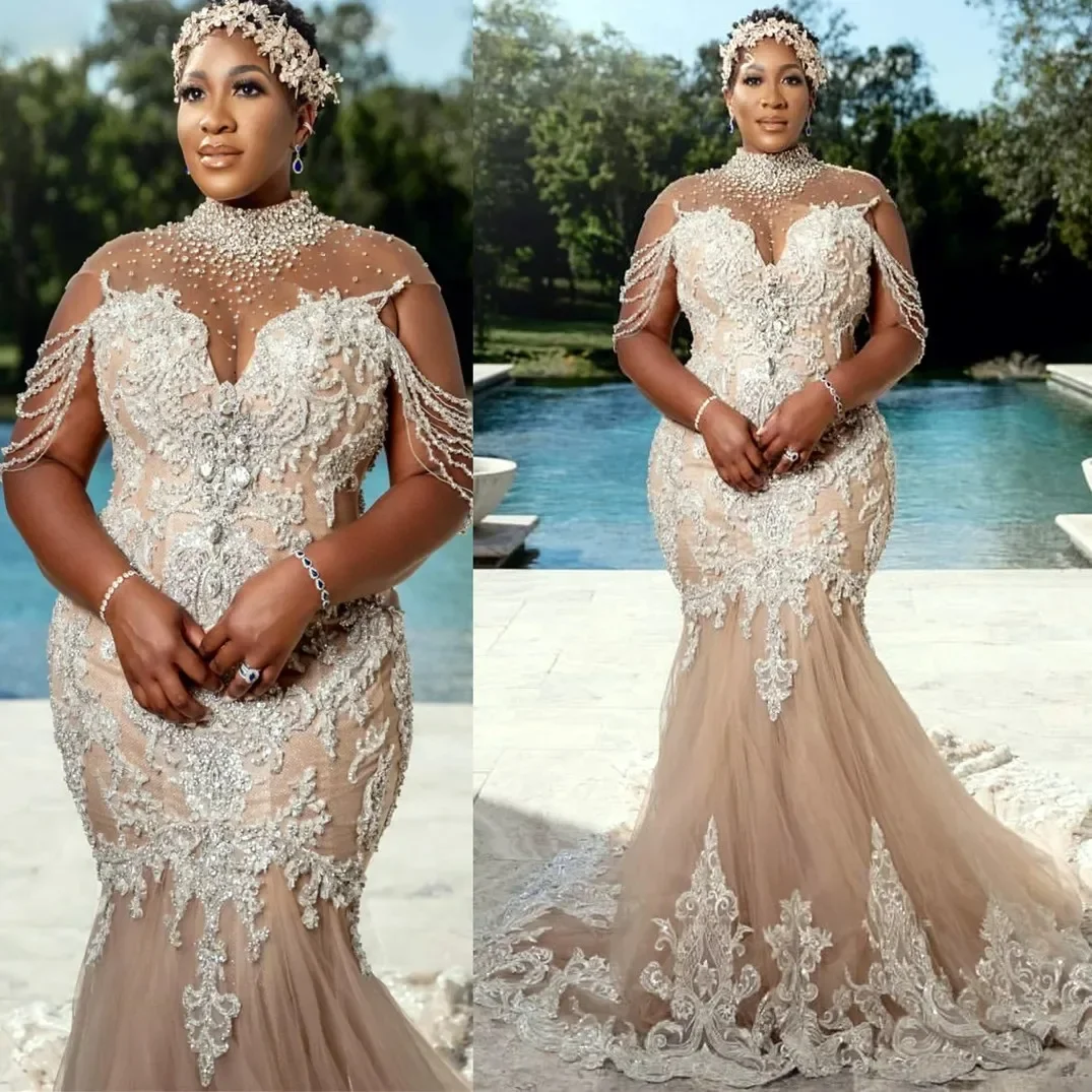 Customized Shinny Beads High Collar Wedding Dress Vestidos De Novia Aso Ebi Champagne Lace Garden Mermaid Bridal Gowns
Customized Shinny Beads High Collar Wedding Dress Vestidos De Novia Aso Ebi Champagne Lace Garden Mermaid Bridal Gowns