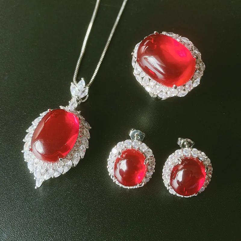 Zhu Ice Type Fluorescent Egg Shape Red Corundum Pendant Ring Earrings Geometric Shape Smooth Jade Pendant Set
Zhu Ice Type Fluorescent Egg Shape Red Corundum Pendant Ring Earrings Geometric Shape Smooth Jade Pendant Set