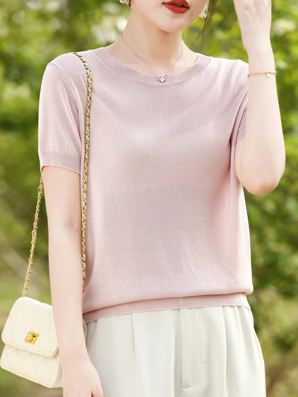Loose Fit Pure Color T-Shirt Women's round Neck Short Sleeve Knitted Silk Summer Sun Protection Fashionable Top
Loose Fit Pure Color T-Shirt Women's round Neck Short Sleeve Knitted Silk Summer Sun Protection Fashionable Top