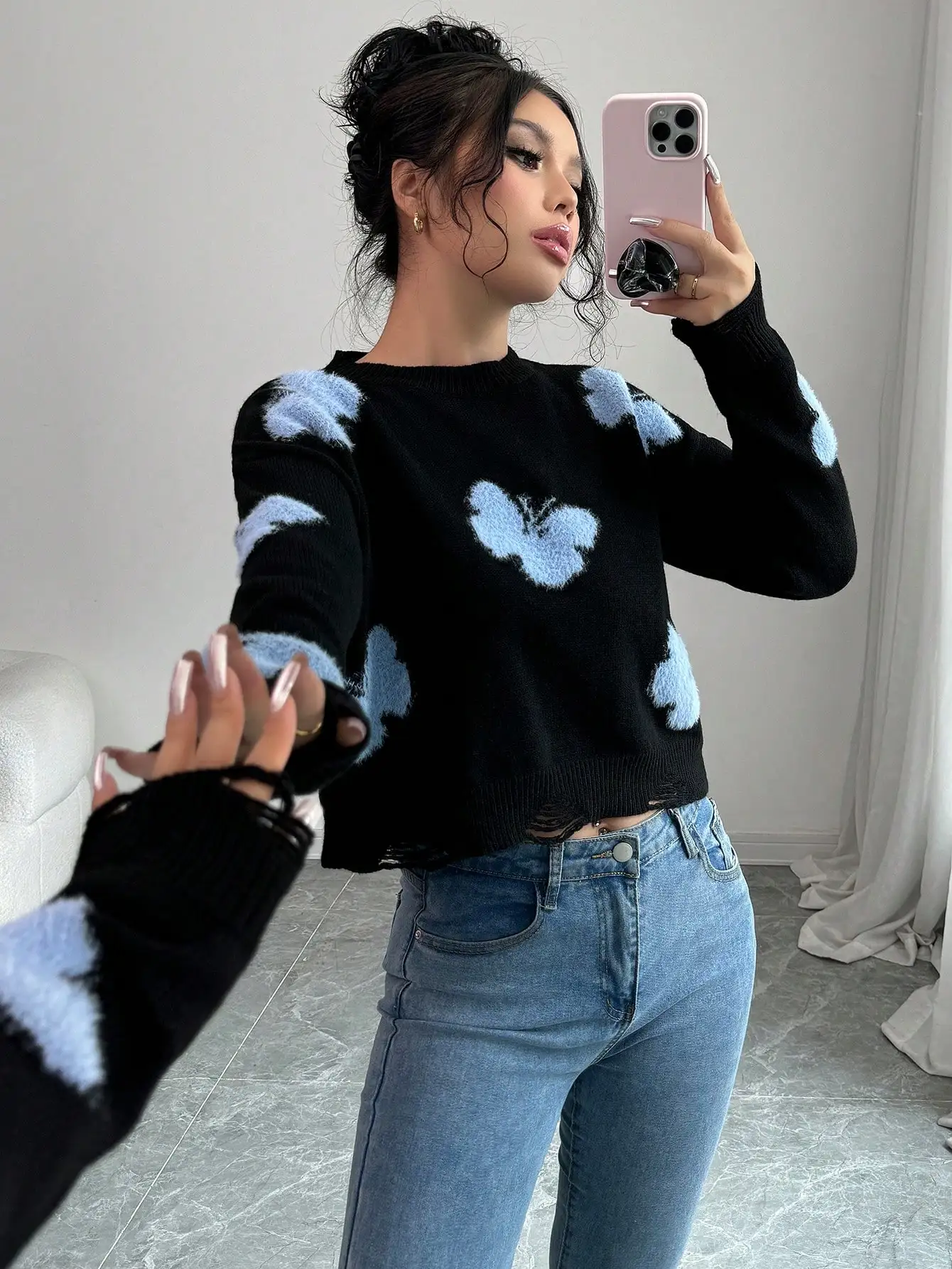 Women's Black Cropped Crew Neck Sweater with Blue Butterfly Print, Fall Winter Knit Pullover
Women's Black Cropped Crew Neck Sweater with Blue Butterfly Print, Fall Winter Knit Pullover