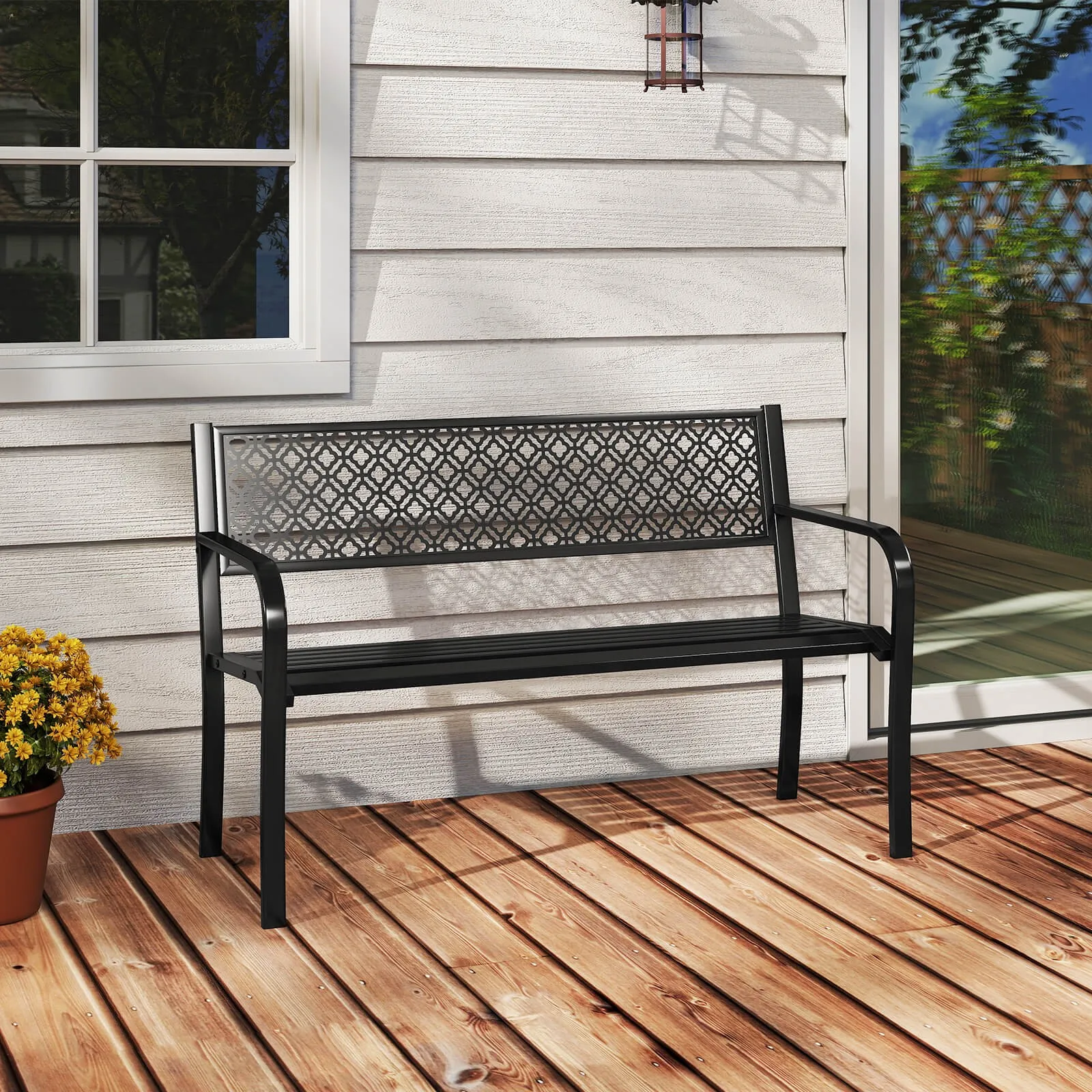 50" Outdoor Garden Bench w/Geometric Lattice Backrest Armrests and Slatted Seat
50" Outdoor Garden Bench w/Geometric Lattice Backrest Armrests and Slatted Seat