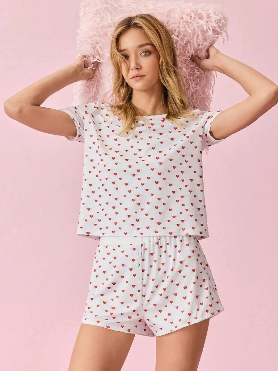 Women 2pcs Heart Print Round Neck Short Sleeve Pajama Set Summer
Women 2pcs Heart Print Round Neck Short Sleeve Pajama Set Summer