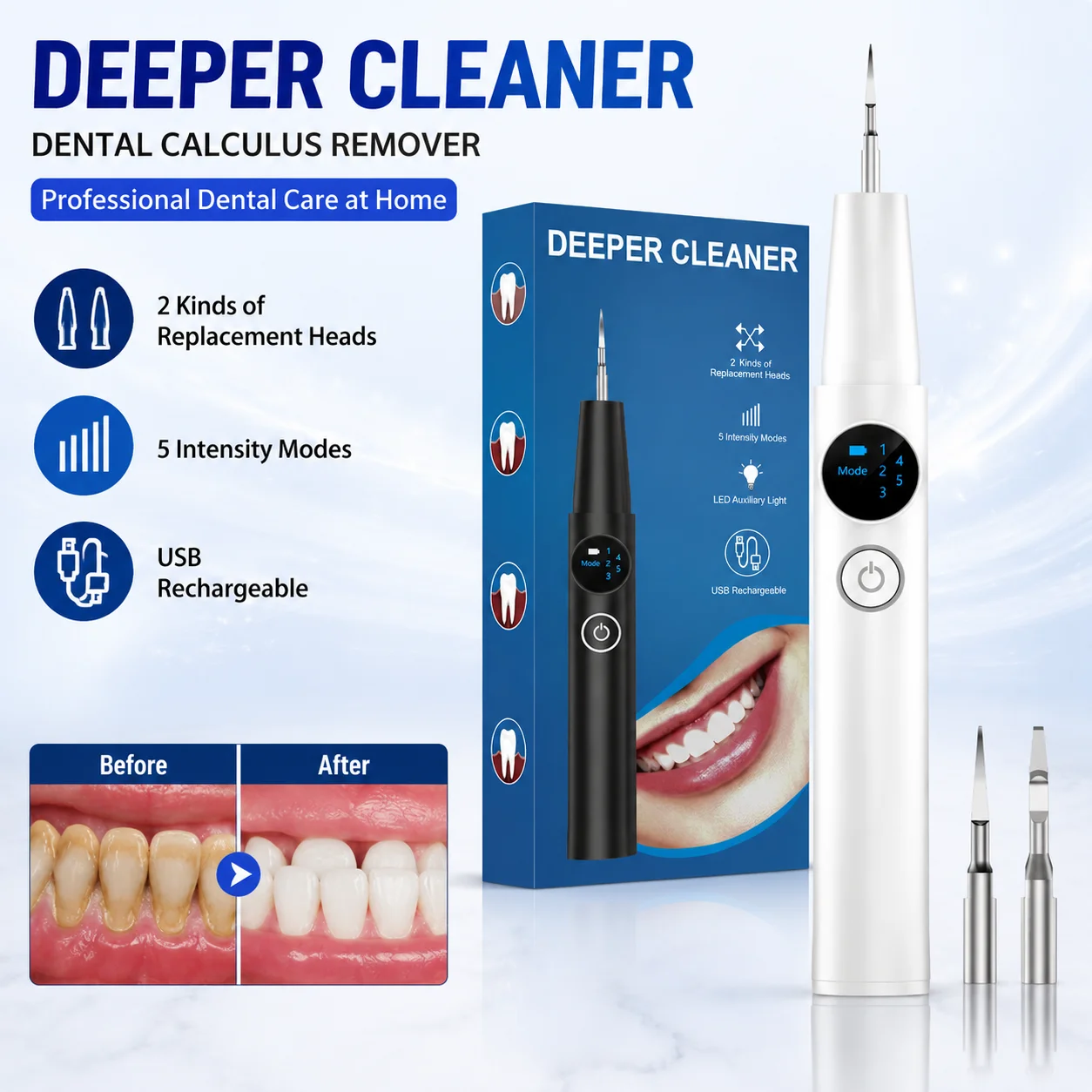 Ultrasonic Dental Scaler Electric Teeth Cleaner Tartar Remover 5 modes with LED Light Tooth Stain Cleaning Tools Tooth Care
Ultrasonic Dental Scaler Electric Teeth Cleaner Tartar Remover 5 modes with LED Light Tooth Stain Cleaning Tools Tooth Care