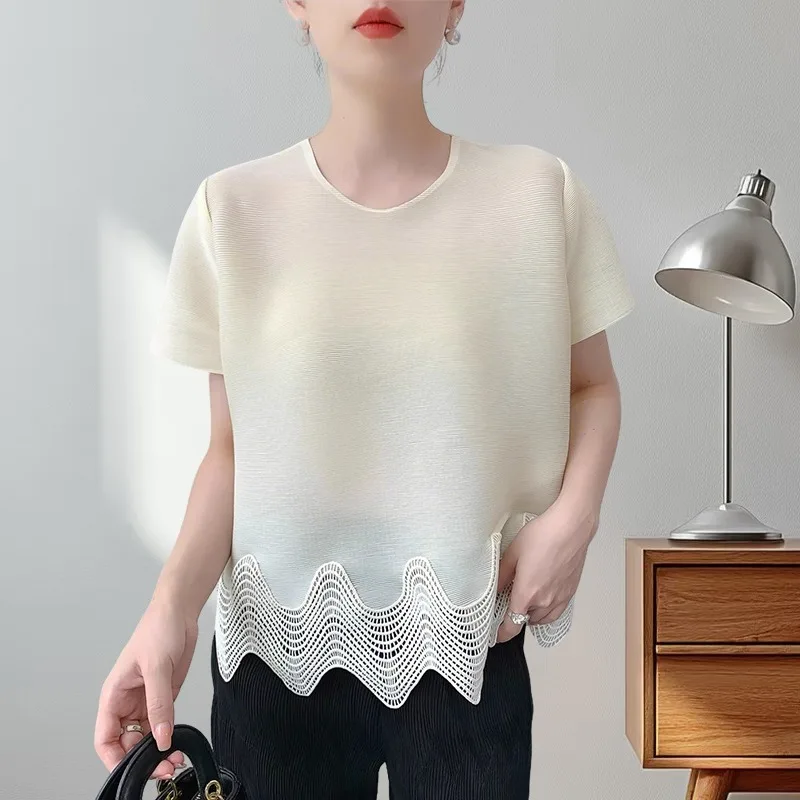 Miyake Patchwork Lace Summer Ruffled Tops Women's Comfortable Casual Loose Large Size Stretch T-shirt Round Neck Short Sleeve
Miyake Patchwork Lace Summer Ruffled Tops Women's Comfortable Casual Loose Large Size Stretch T-shirt Round Neck Short Sleeve
