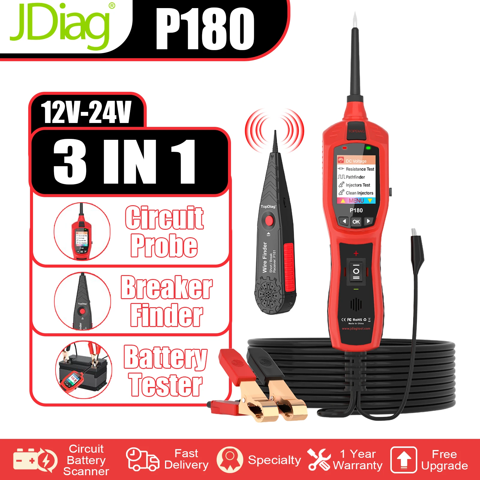 TopDiag P180 Car Electrical Power Circuit Probe Tester 9-30V Breakpoint Location Battery Diagnostic Injector Breaker Light Test
TopDiag P180 Car Electrical Power Circuit Probe Tester 9-30V Breakpoint Location Battery Diagnostic Injector Breaker Light Test