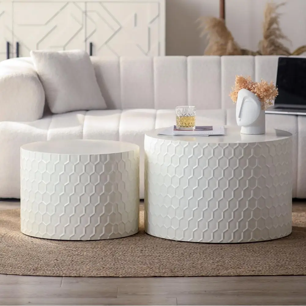 Modern Nesting Coffee Table Set Honeycomb Design Beige Round Drum Circle Tables for Living Room Bedroom Set of 2
Modern Nesting Coffee Table Set Honeycomb Design Beige Round Drum Circle Tables for Living Room Bedroom Set of 2