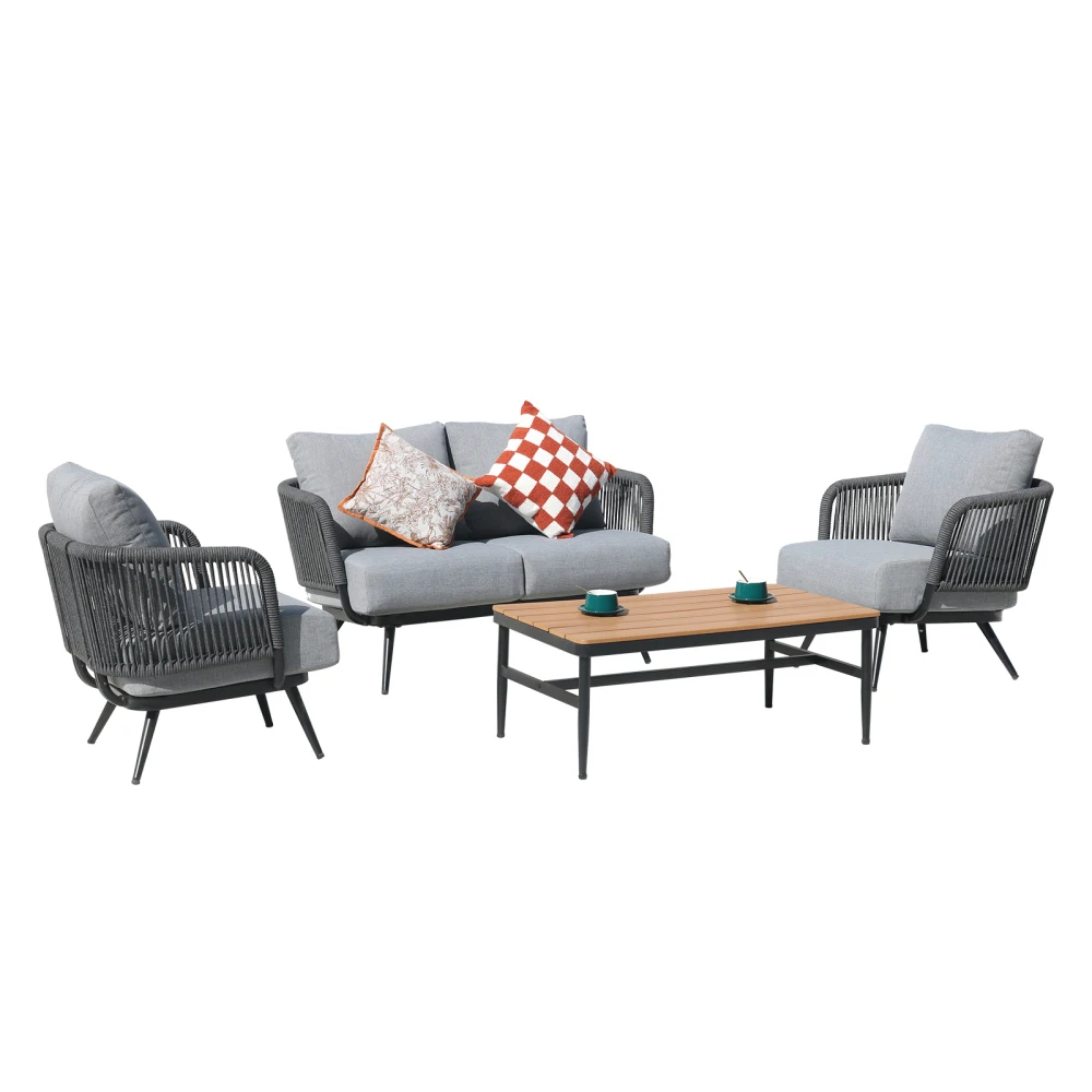 4-Piece Outdoor Patio Set: Woven Rope,Olefin Cushions&Wood Coffee Table for Yard/Balcony/Garden
4-Piece Outdoor Patio Set: Woven Rope,Olefin Cushions&Wood Coffee Table for Yard/Balcony/Garden