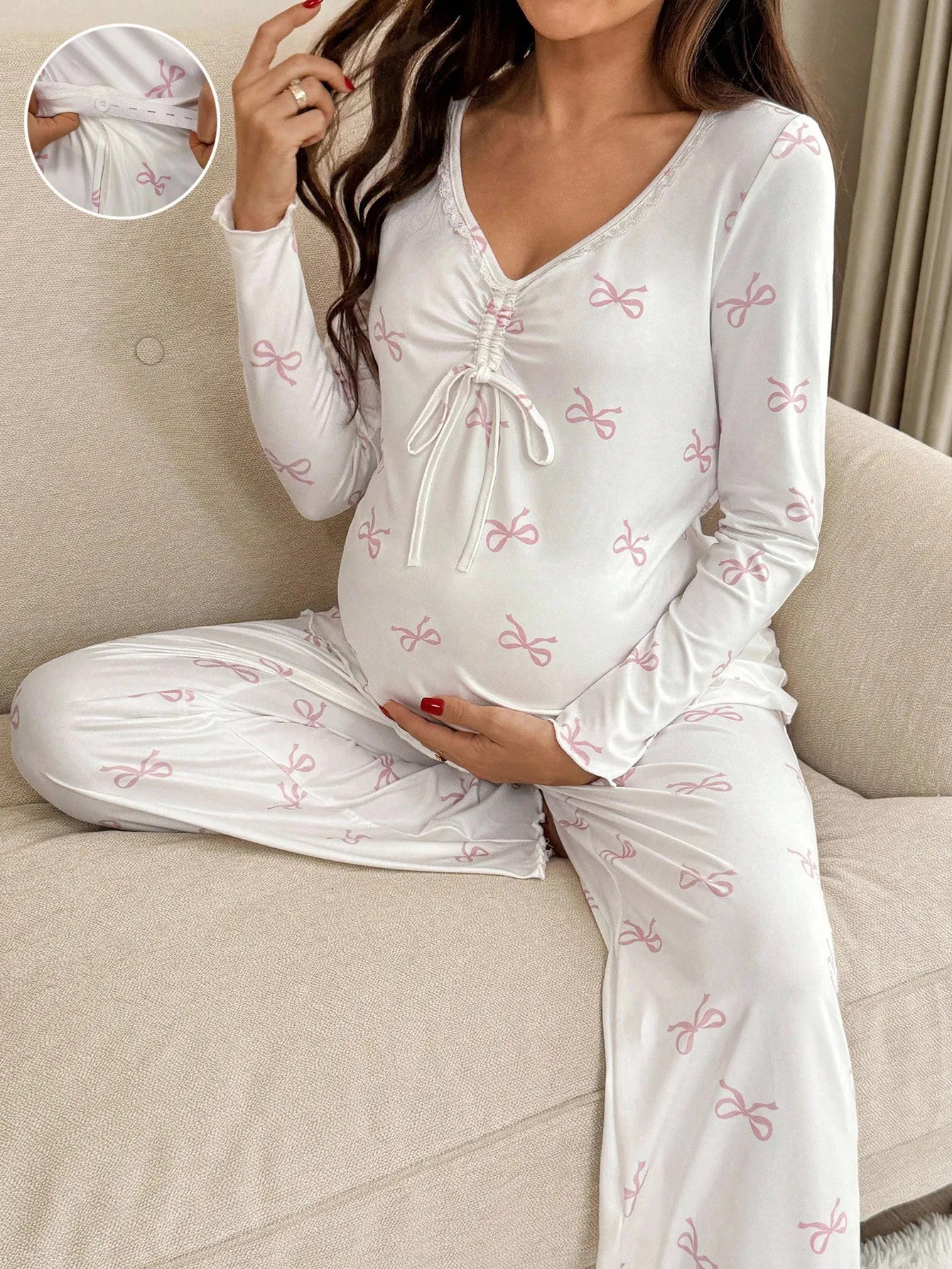 Maternity Pajama Set with Bow Print, Long Sleeve Top & Pants for Comfortable Sleep
Maternity Pajama Set with Bow Print, Long Sleeve Top & Pants for Comfortable Sleep