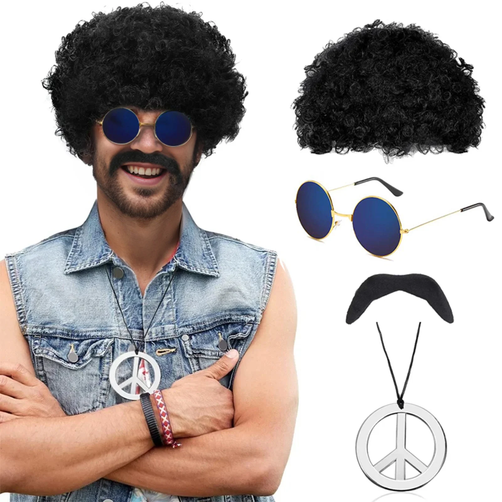 African men's synthetic wig 4-piece set {wig+glasses+peace necklace+beard} 70s and 80s disco costume black men's wig
African men's synthetic wig 4-piece set {wig+glasses+peace necklace+beard} 70s and 80s disco costume black men's wig
