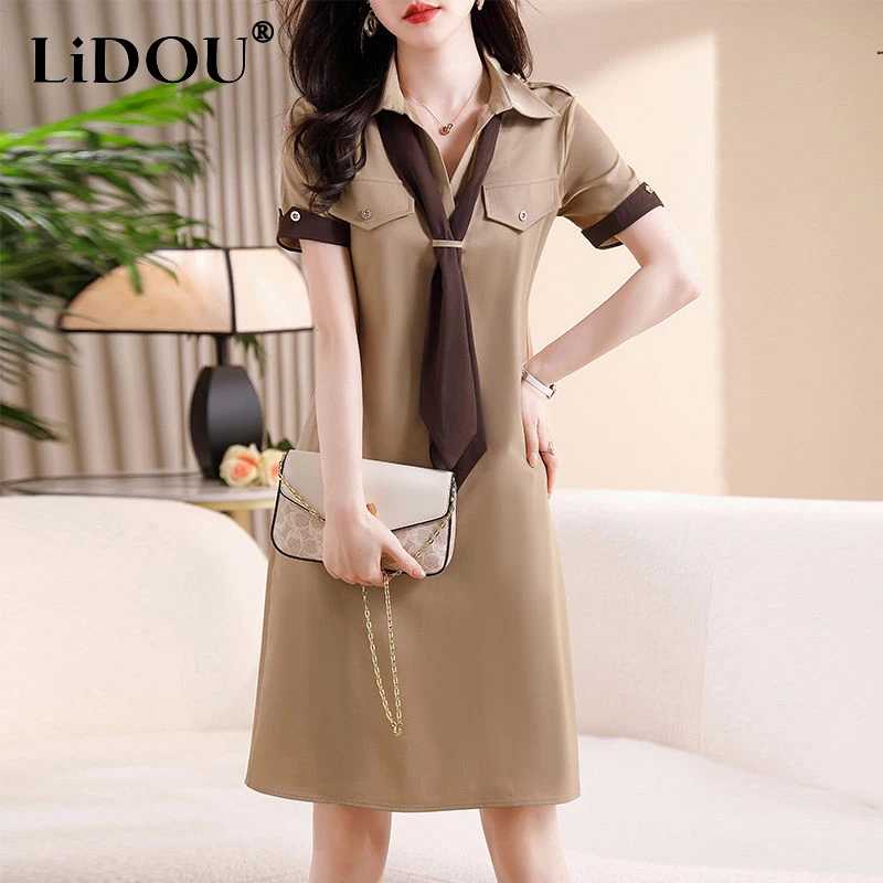 Summer Polo-neck Buttons Chic Scaf Elegant Fashion Robe Dress Female Short Sleeve Loose Casual A-line Vestido Women's Clothing
Summer Polo-neck Buttons Chic Scaf Elegant Fashion Robe Dress Female Short Sleeve Loose Casual A-line Vestido Women's Clothing