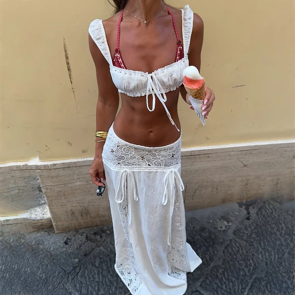Women's White Beach Holiday Two Piece Sets Sexy Crop Top and Maxi Skirt Set Fashion Lace Patchwork Slim Bohemian Outfits 2025
Women's White Beach Holiday Two Piece Sets Sexy Crop Top and Maxi Skirt Set Fashion Lace Patchwork Slim Bohemian Outfits 2025