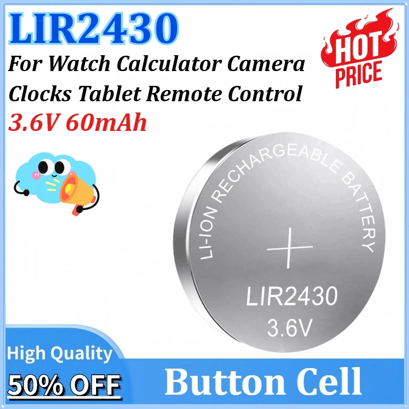 10-50PCS LIR2430 3.6V 60mAh Lithium Rechargeable Battery Replace CR2430 for Watch Calculator Camera Clocks Tablet Remote Control 
10-50PCS LIR2430 3.6V 60mAh Lithium Rechargeable Battery Replace CR2430 for Watch Calculator Camera Clocks Tablet Remote Control