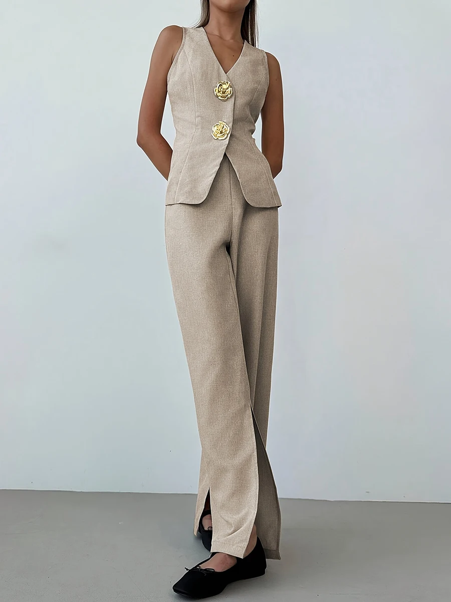 Summer New Khaki Two-Piece Set Women V Neck Single Breasted Sleeveless Vest Simple Casual Fashion Split Wide Leg Trouser Suits
Summer New Khaki Two-Piece Set Women V Neck Single Breasted Sleeveless Vest Simple Casual Fashion Split Wide Leg Trouser Suits
