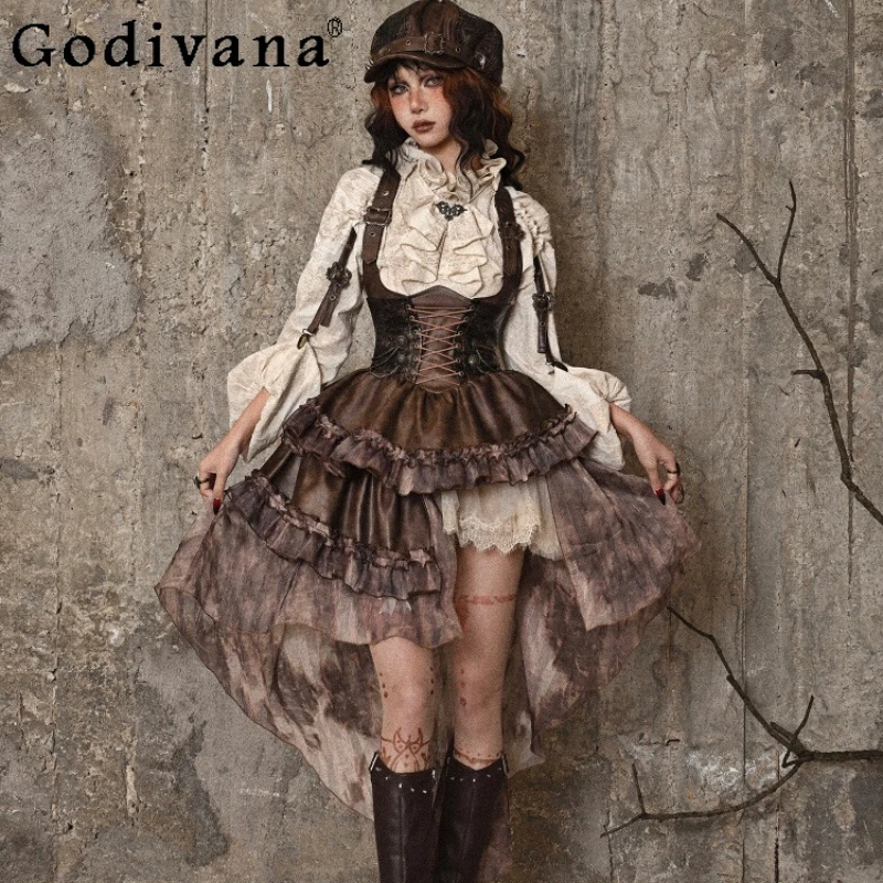 Punk Halloween Trailing Dresses Women Asymmetrical PU Chest Strap Dress Sets Autumn New Gothic Girls Role Play Dress
Punk Halloween Trailing Dresses Women Asymmetrical PU Chest Strap Dress Sets Autumn New Gothic Girls Role Play Dress