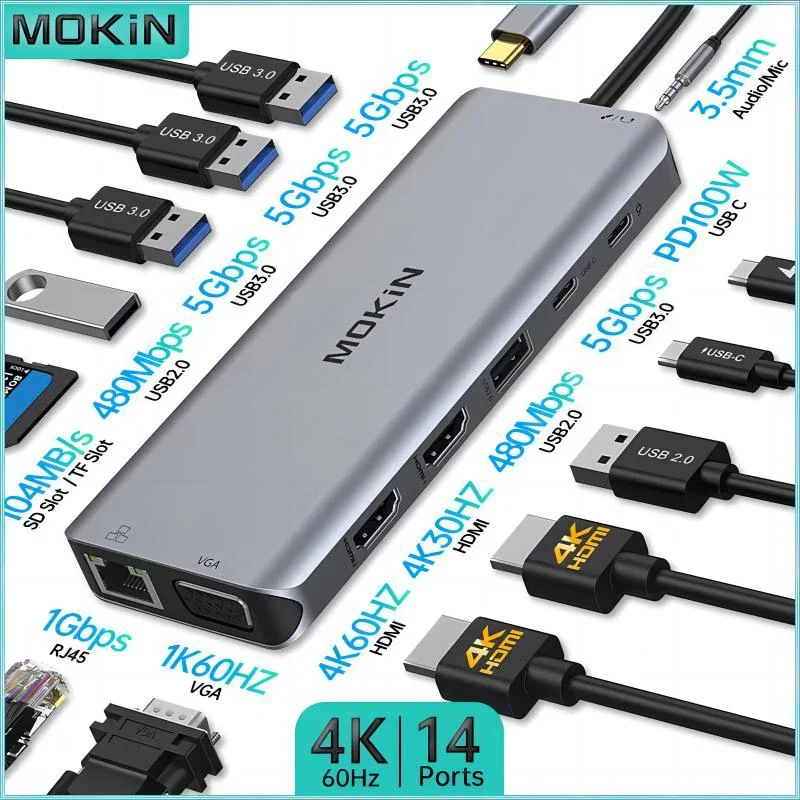 MOKiN 14 in 1 Docking Station for MacBook Air/Pro for iPad Thunderbolt Laptop USB 3.0 HDMI 4K 30Hz PD 100W RJ45 1Gbps Audio HUB
MOKiN 14 in 1 Docking Station for MacBook Air/Pro for iPad Thunderbolt Laptop USB 3.0 HDMI 4K 30Hz PD 100W RJ45 1Gbps Audio HUB