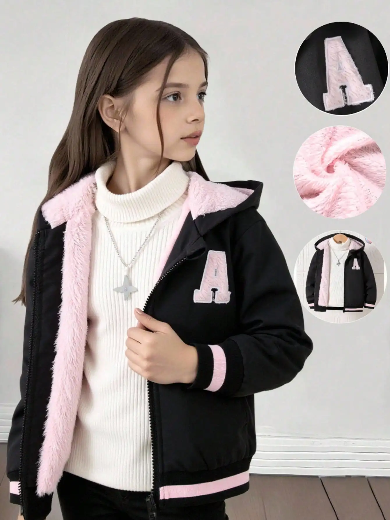 Черная куртка с капюшоном для девочек, с розовой подкладкой из искусственного меха и вышитой буквой А
Черная куртка с капюшоном для девочек, с розовой подкладкой из искусственного меха и вышитой буквой А