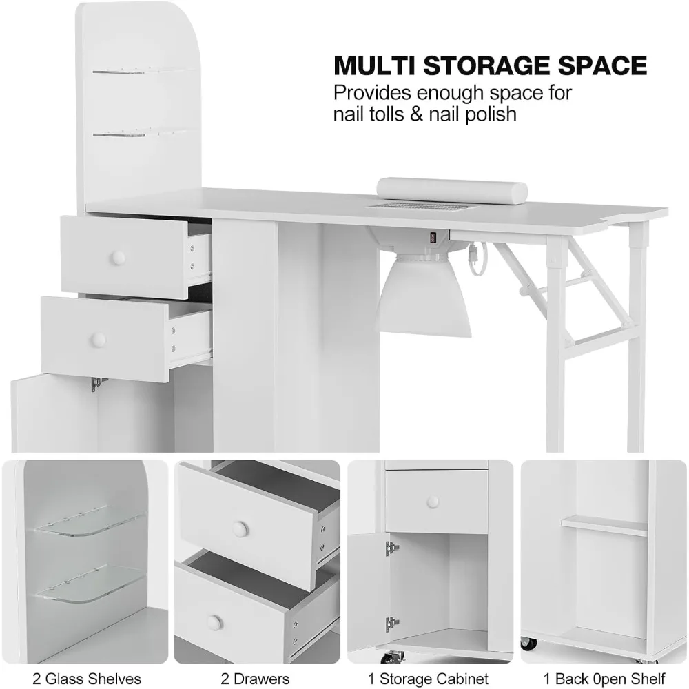Foldable Manicure Nail Table with Glass Shelf, Folding Nail Tech Desk w/Dust Collector, 2 Open Shelves & 2 Drawers
Foldable Manicure Nail Table with Glass Shelf, Folding Nail Tech Desk w/Dust Collector, 2 Open Shelves & 2 Drawers