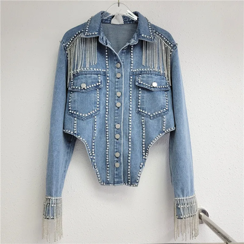 Heavy Work Diamond Chain Tassel Thin Denim Coat Women Spring Irregular Hem Slim Short Cowboy Coat Lapel Long Sleeve Jeans Jacket
Heavy Work Diamond Chain Tassel Thin Denim Coat Women Spring Irregular Hem Slim Short Cowboy Coat Lapel Long Sleeve Jeans Jacket