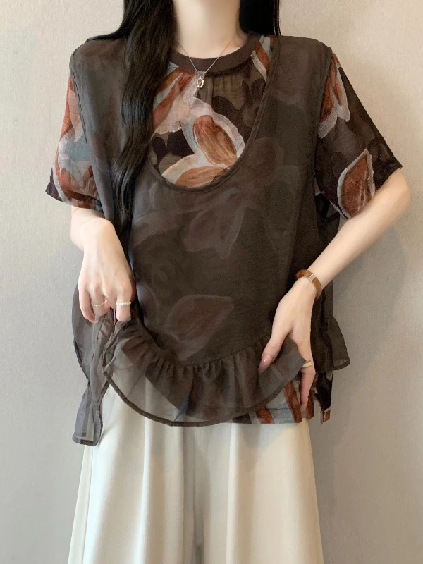 Café Color Chiffon Vest Short Sleeve Shirt Women's Fashion Anti-Aging Shoulder Length Summer New plus Size Fake Two-Piece Top
Café Color Chiffon Vest Short Sleeve Shirt Women's Fashion Anti-Aging Shoulder Length Summer New plus Size Fake Two-Piece Top