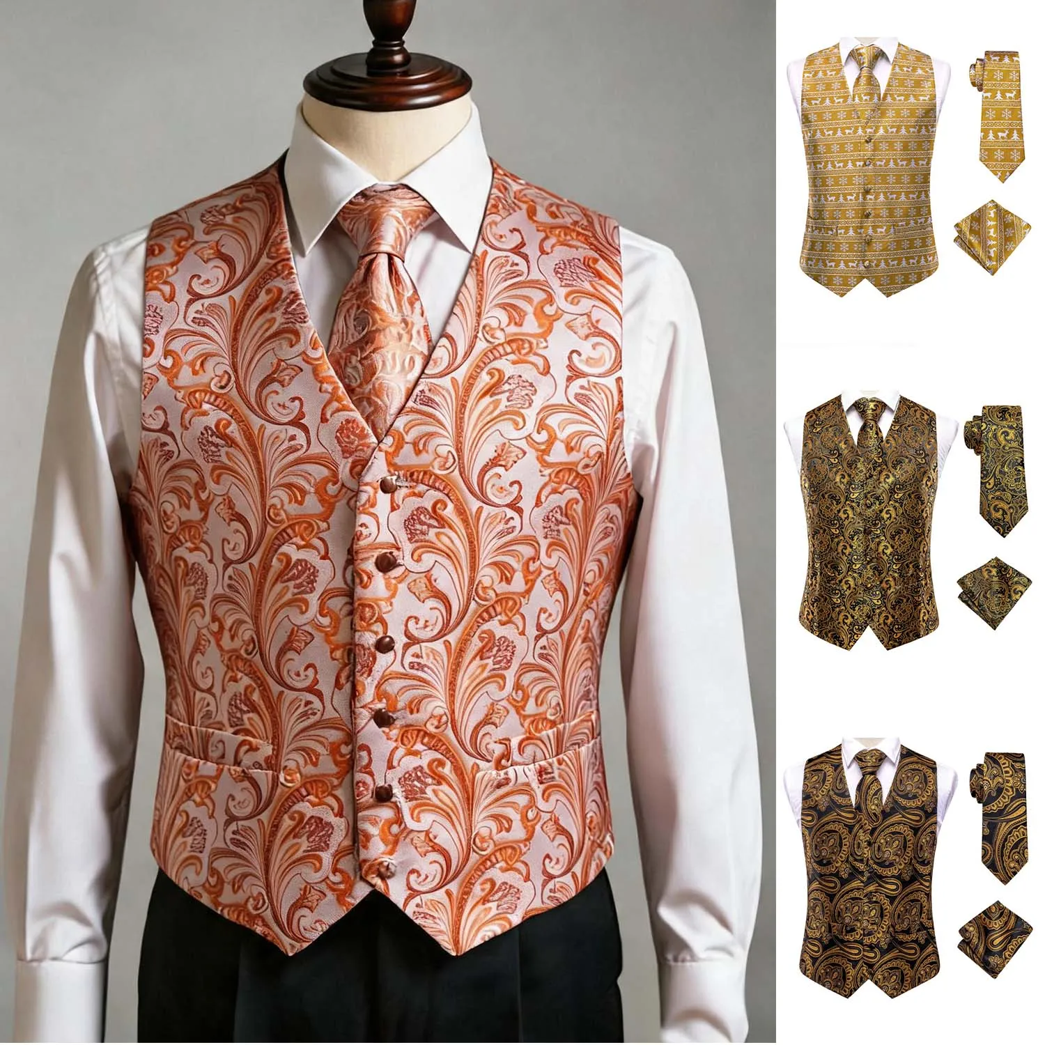 Yellow Gold Orange Men Vest Three-Piece Suit Set, Dress Waistcoat with Tie and Pocket Square for Party Ceremony
Yellow Gold Orange Men Vest Three-Piece Suit Set, Dress Waistcoat with Tie and Pocket Square for Party Ceremony