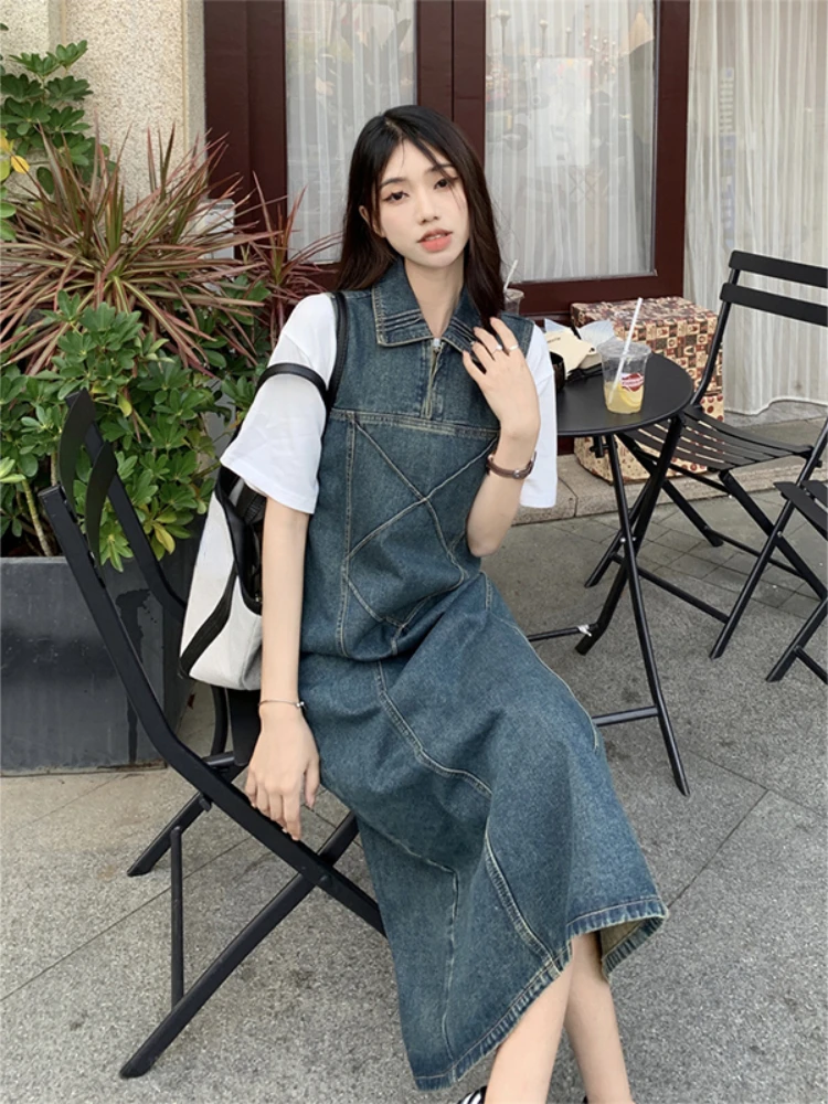 Fashion Vintage Matching Sets White T Shirts Turn Down Collar Sleeveless Solid Color Patchwork Denim Dresses 2024 Women Clothing
Fashion Vintage Matching Sets White T Shirts Turn Down Collar Sleeveless Solid Color Patchwork Denim Dresses 2024 Women Clothing