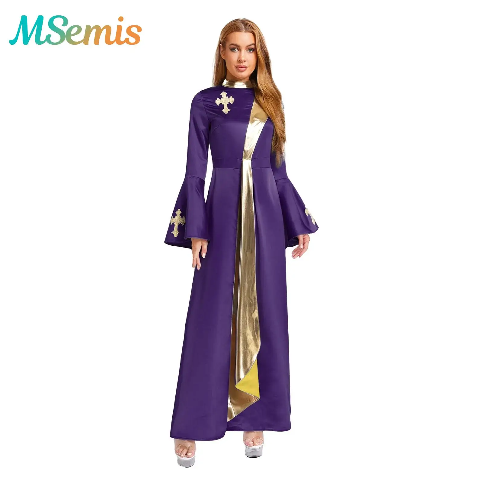 Womens Metallic Shiny Church Priest Halloween Cosplay Costume Clergy Robe Tunic Dress Long Sleeve with Flared Cuffs Cassock
Womens Metallic Shiny Church Priest Halloween Cosplay Costume Clergy Robe Tunic Dress Long Sleeve with Flared Cuffs Cassock