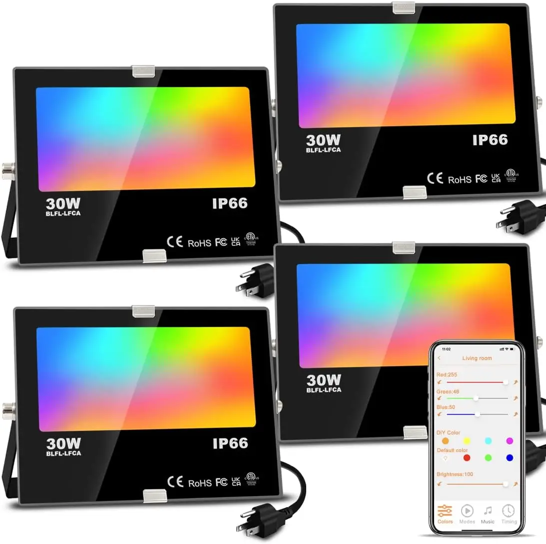 30W RGB LED Flood Light Outdoor, 3000LM Smart Landscape Lighting with APP Control, DIY Scenes, Timing, 5700K Daylight White, IP66 Waterproof, 4 Pack
30W RGB LED Flood Light Outdoor, 3000LM Smart Landscape Lighting with APP Control, DIY Scenes, Timing, 5700K Daylight White, IP66 Waterproof, 4 Pack