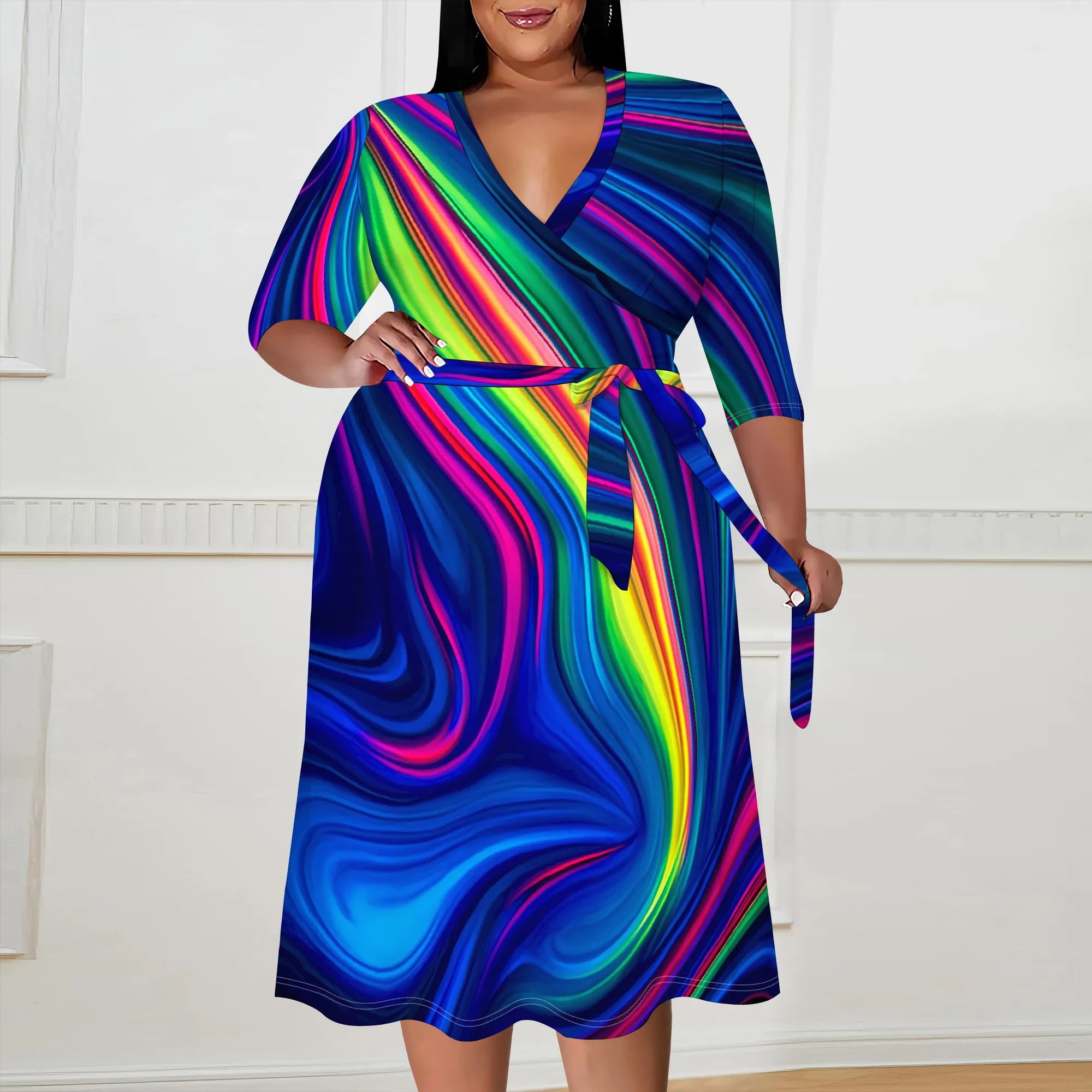 Rainbow Swirl Print Plus Size Dress XL-6XL V-Neck 3/4 Sleeve Belted Wrap Style for Pride Parade, Art Festival or Summer Party
Rainbow Swirl Print Plus Size Dress XL-6XL V-Neck 3/4 Sleeve Belted Wrap Style for Pride Parade, Art Festival or Summer Party