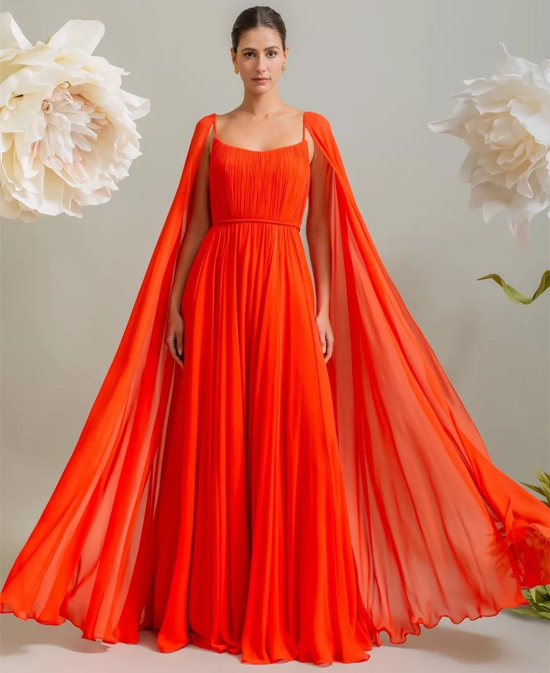 Customized Long Orange Sqiuare Collar Chiffon Evening Dresses With Cape A-Line Pleated Floor Length Prom Dresses for Women
Customized Long Orange Sqiuare Collar Chiffon Evening Dresses With Cape A-Line Pleated Floor Length Prom Dresses for Women