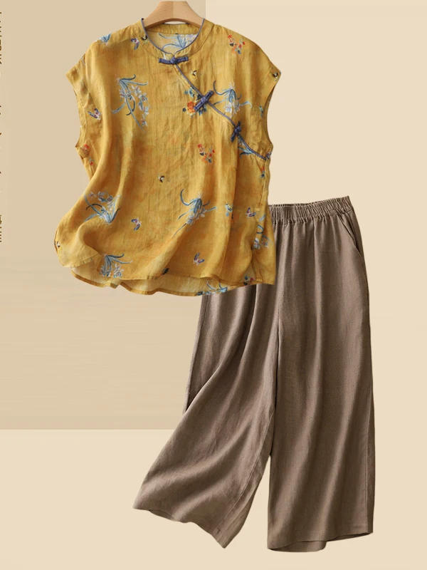 New Chinese Style Women's Cotton Linen Top And Wide Leg Pants Two Piece Set Breathable Comfortable Eighteen Pants Floral Print
New Chinese Style Women's Cotton Linen Top And Wide Leg Pants Two Piece Set Breathable Comfortable Eighteen Pants Floral Print