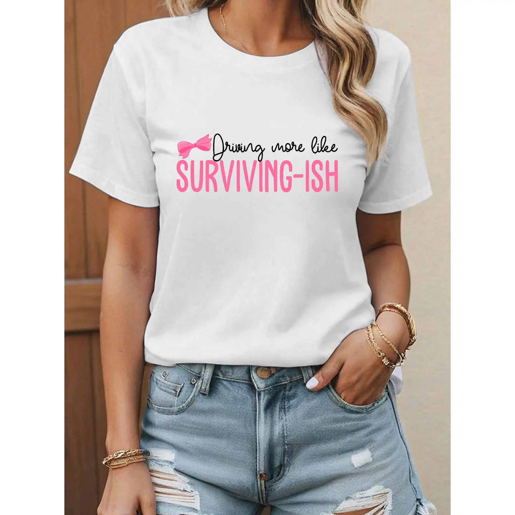 Funny Surviving-ish T-Shirt for Women – ‘Drinking More Like Surviving-ish’ Quote, Casual White Tee with Pink Bow
Funny Surviving-ish T-Shirt for Women – ‘Drinking More Like Surviving-ish’ Quote, Casual White Tee with Pink Bow