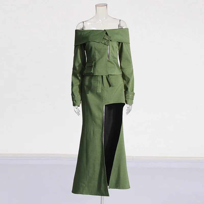 2025 new model, one-word shoulder slim and thin short jacket + high waist side split skirt suit women's summer
2025 new model, one-word shoulder slim and thin short jacket + high waist side split skirt suit women's summer