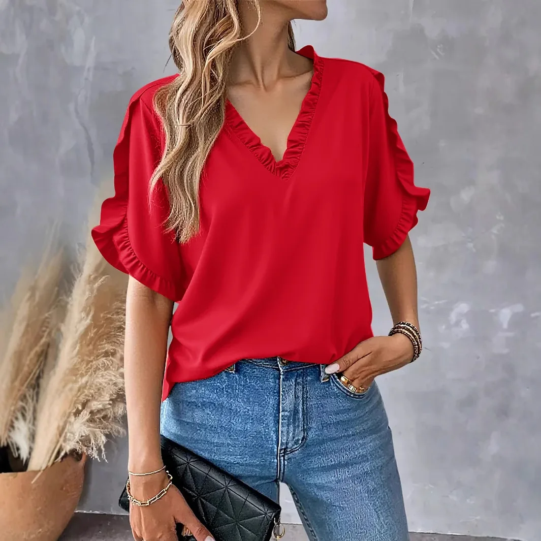 Office Lady Summer Simple Solid Color Short Sleeved Ruffled V-neck Shirt V Neck Half Sleeve White Red Casual Pullover Blouse
Office Lady Summer Simple Solid Color Short Sleeved Ruffled V-neck Shirt V Neck Half Sleeve White Red Casual Pullover Blouse