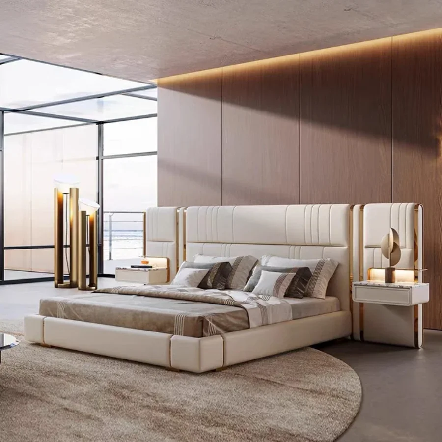 -Роскошная главная кровать виллы новейшего дизайна, кожаная кровать для спальни, широкая экранная кровать, 1,8 метра, высококачественная двуспальная итальянская кровать
-Роскошная главная кровать виллы новейшего дизайна, кожаная кровать для спальни, широкая экранная кровать, 1,8 метра, высококачественная двуспальная итальянская кровать