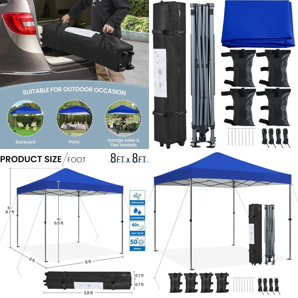 8x8 Portable Outdoor Tent, Easy Setup Gazebo with Wheeled Bag & Sandbags, Ideal for Home, Party & Outdoor Use, Blue
8x8 Portable Outdoor Tent, Easy Setup Gazebo with Wheeled Bag & Sandbags, Ideal for Home, Party & Outdoor Use, Blue