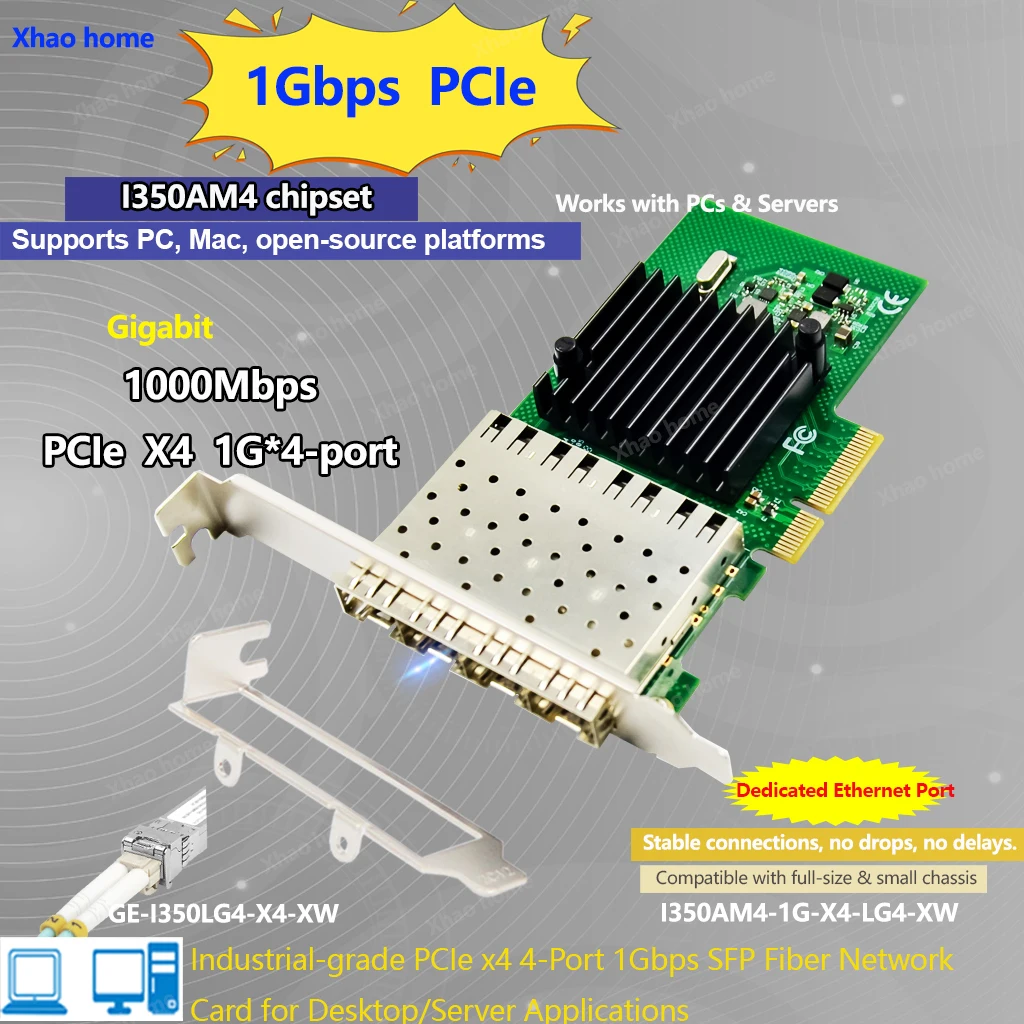 PCIE 4-Port Gigabit Fiber Optic Network Card I350AM4 Chip X4 LC Multi/Single Mode SFP Port for Synology Compatible Ethernet Card
PCIE 4-Port Gigabit Fiber Optic Network Card I350AM4 Chip X4 LC Multi/Single Mode SFP Port for Synology Compatible Ethernet Card