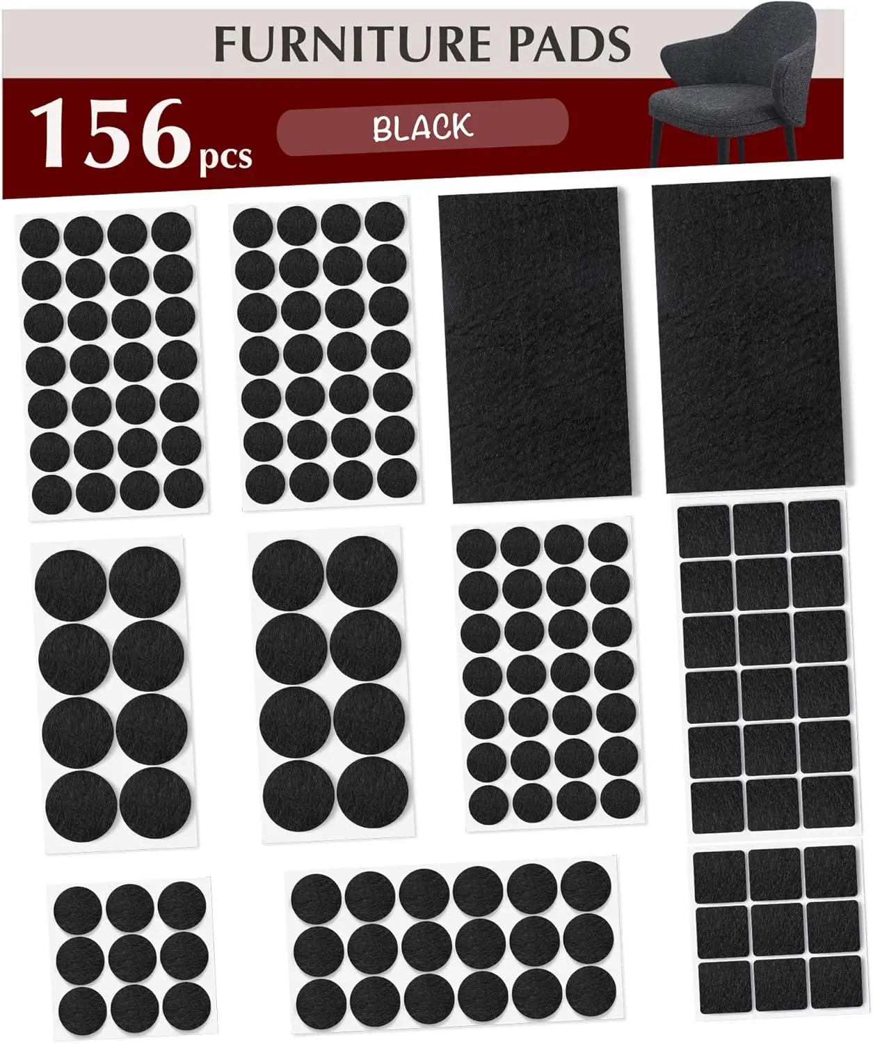156 Pcs Black Felt Furniture Pads for Hardwood Floors, Chair Leg Protectors
156 Pcs Black Felt Furniture Pads for Hardwood Floors, Chair Leg Protectors