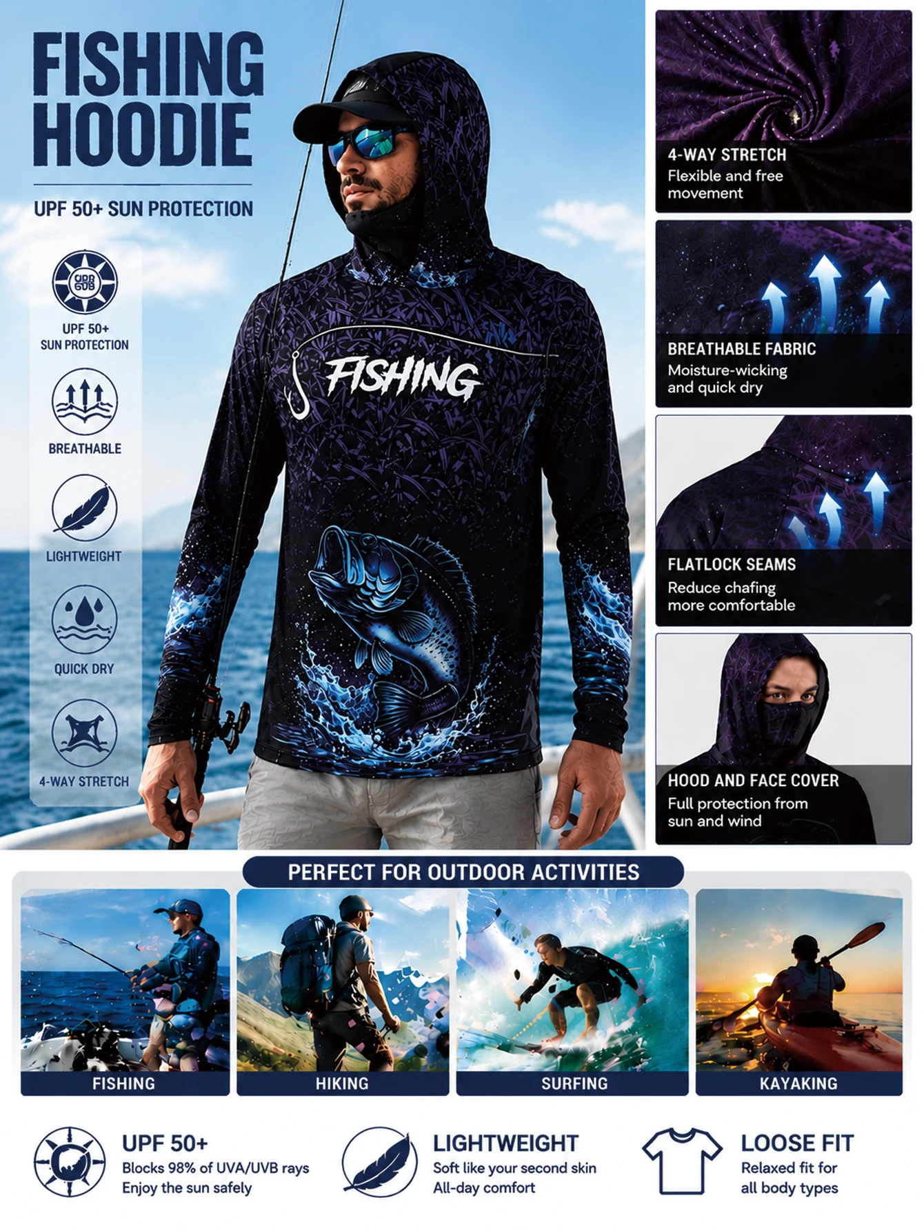 Men’s Fishing Jersey Hoodie UV Sun Protection Quick Dry Athletic Shirt
Men’s Fishing Jersey Hoodie UV Sun Protection Quick Dry Athletic Shirt