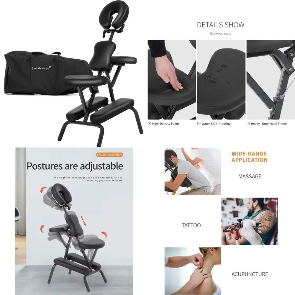 Portable Massage Chair with Adjustable Height and 2 Inch Thick Cushion for Tattoo Therapy and Light Weight Comfort.
Portable Massage Chair with Adjustable Height and 2 Inch Thick Cushion for Tattoo Therapy and Light Weight Comfort.