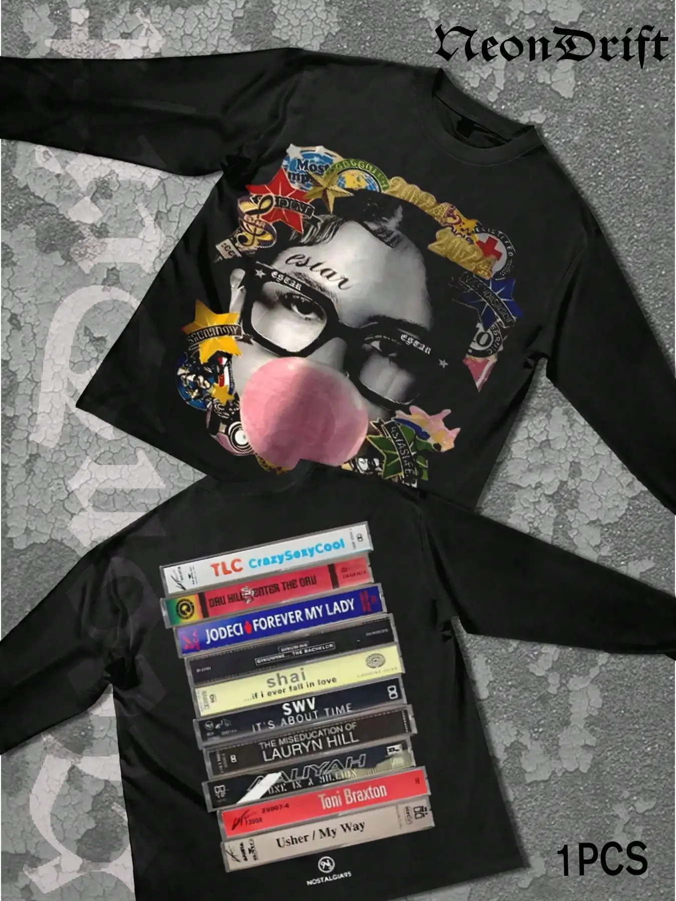 Черная футболка с длинным рукавом и графическим принтом - двусторонний поп-арт, уличный стиль
Черная футболка с длинным рукавом и графическим принтом - двусторонний поп-арт, уличный стиль