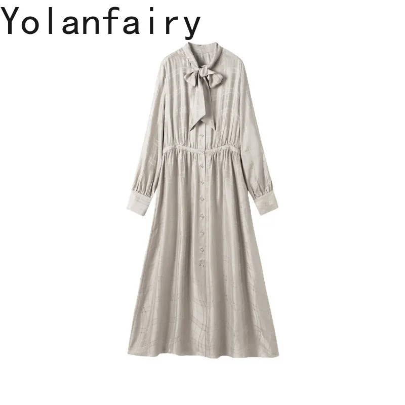 YOLANFAIRY 100% Natural Mulberry Silk Dress for Women Spring OL Long Sleeve Dresses Woman Elegant OL Fashion Bow Jacquard Dress
YOLANFAIRY 100% Natural Mulberry Silk Dress for Women Spring OL Long Sleeve Dresses Woman Elegant OL Fashion Bow Jacquard Dress
