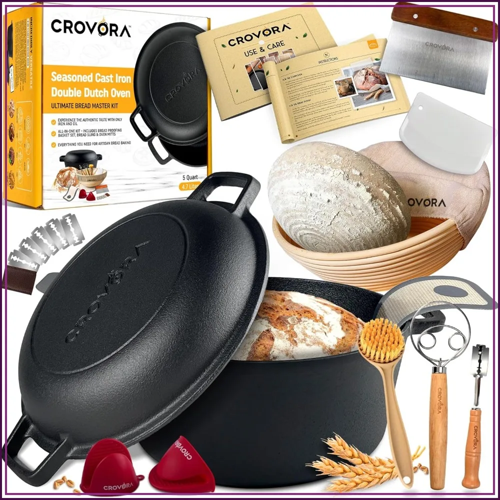 Pre-Seasoned Cast Iron Dutch Oven for Bread Baking with Skillet Lid - 5QT Bread Pan with Sourdough Supplies, Banneton Basket
Pre-Seasoned Cast Iron Dutch Oven for Bread Baking with Skillet Lid - 5QT Bread Pan with Sourdough Supplies, Banneton Basket
