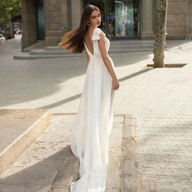 LISER Chiffon Wedding Dress V-Neck For Women Elegant A-line Spaghetti Straps With Bow Open Back Bridal Gown
LISER Chiffon Wedding Dress V-Neck For Women Elegant A-line Spaghetti Straps With Bow Open Back Bridal Gown